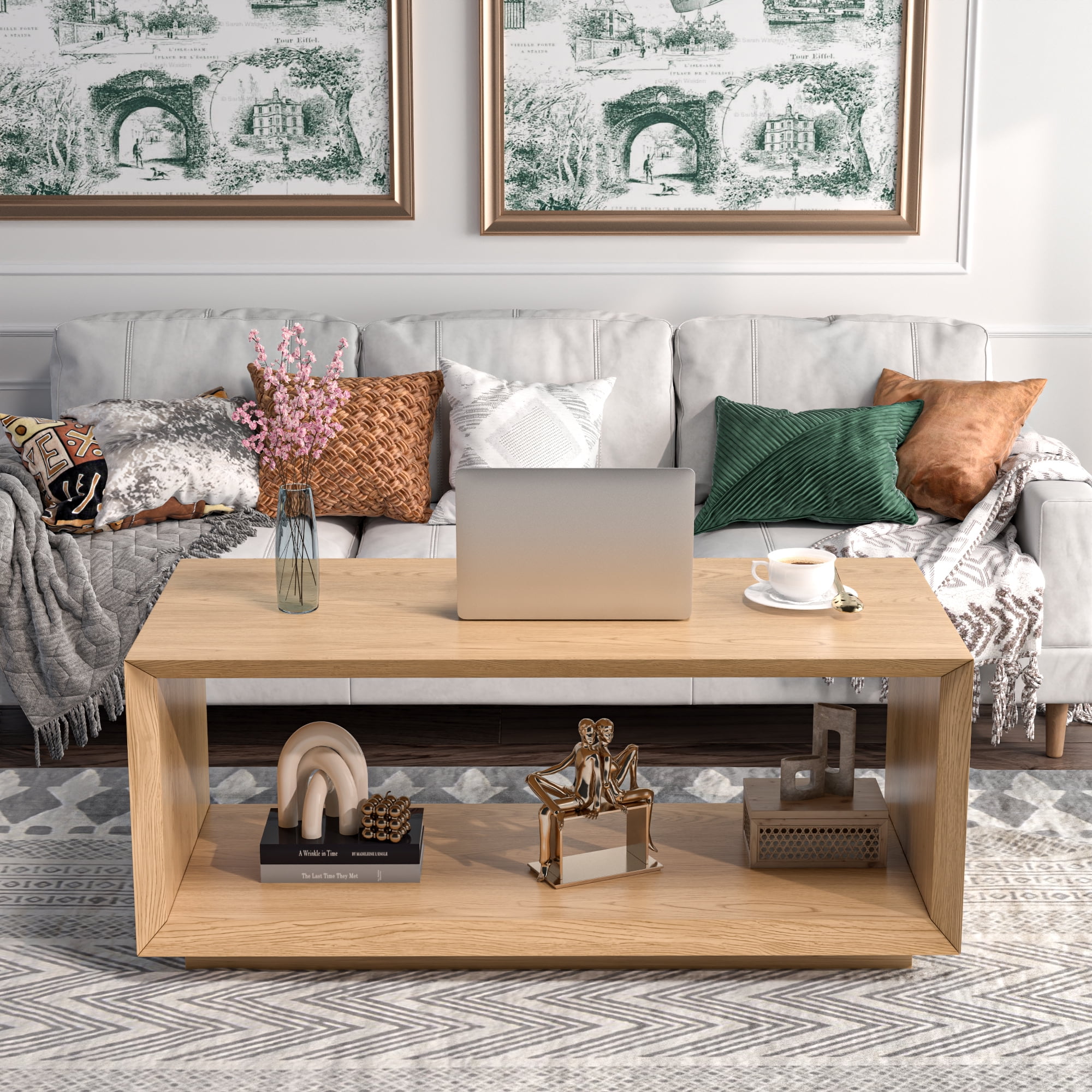 Farmhouse Wood Coffee Table, Rectangle Coffee Table, Simple 2-Tier (Oak)