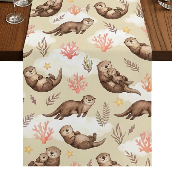 Cute Sea Otters Burlap Cotton Table Runner 14x72 Inches Long, Coastal Coral Ocean Seagrass Country Cloud Farmhouse Table Runners, Outdoor Dining Tablecloths Decor for Baby Shower/Party/Wedding