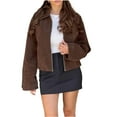thumbnail image 3 of ClodeEU Women's Faux Suede Jacket ,Long Sleeve Lapel Zip Up Jacket, Loose Casual Jacket Brown,Womens Plus M, 3 of 8