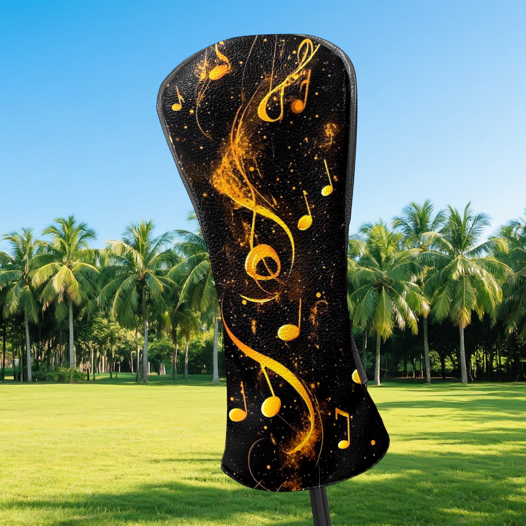 Golf Club Head Covers - Yellow Musical Note Pattern, PU Leather, Waterproof, Fits Fairway Woods/Hybrid, Unisex, Fits Most Brands