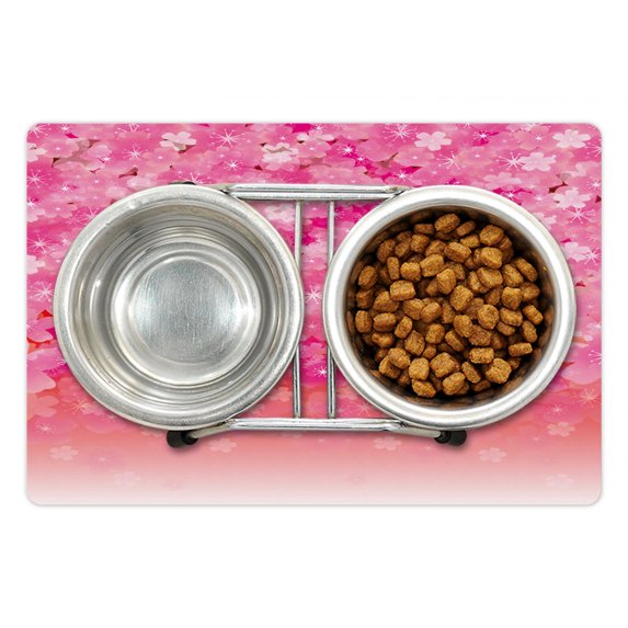 Pale Pink Pet Mat for Food and Water, Cherry Blossom Tree Flowers in Vibrant Tones Spring Beauty Illustration Japan, Non-Slip Rubber Mat for Dogs and Cats, 18" X 12", by Ambesonne