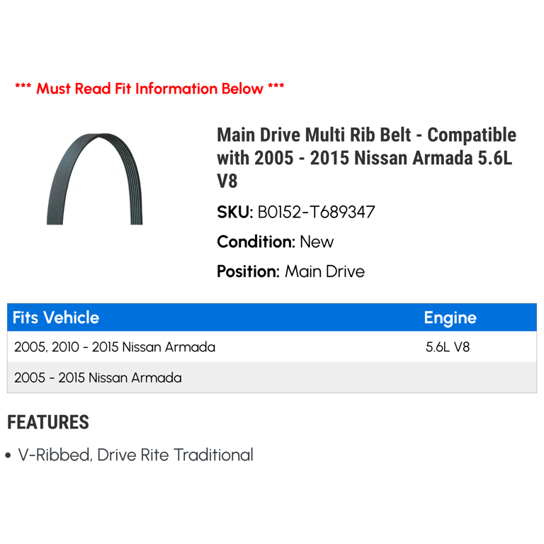 Main Drive Multi Rib Belt Compatible with 2005 2015 Nissan