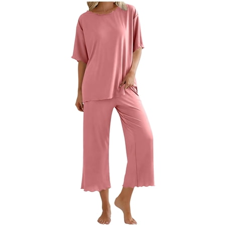 Hxshgdsn Womens 2 Piece Pajamas Sets Short Sleeve Wide Leg Sleepwear Loungewear PJ Sets for Women(Pink/L)