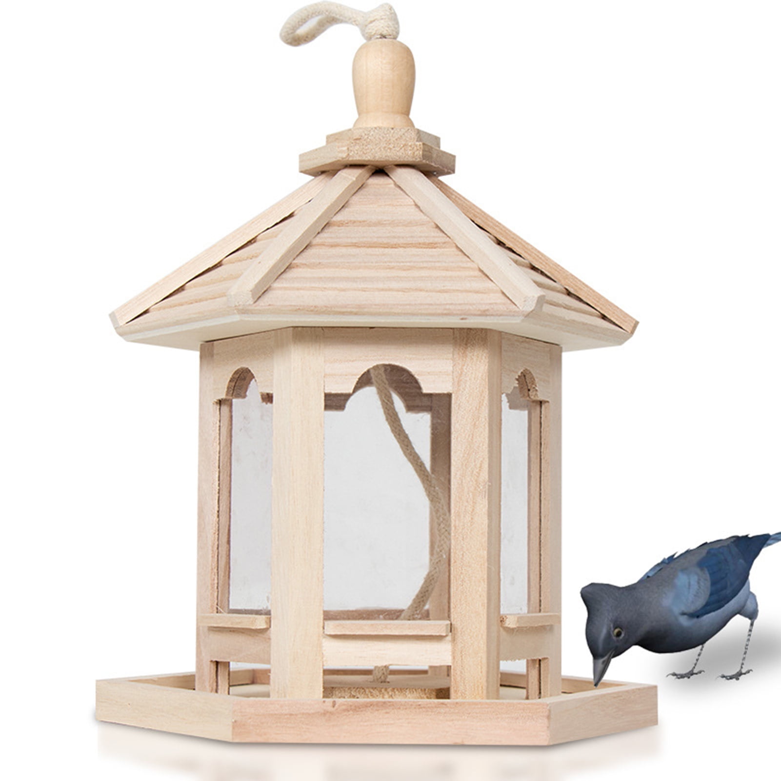 Huanledash Bird Feeder High Capacity Hexagon Shaped Roof Wood Creative Bird Nest for Garden