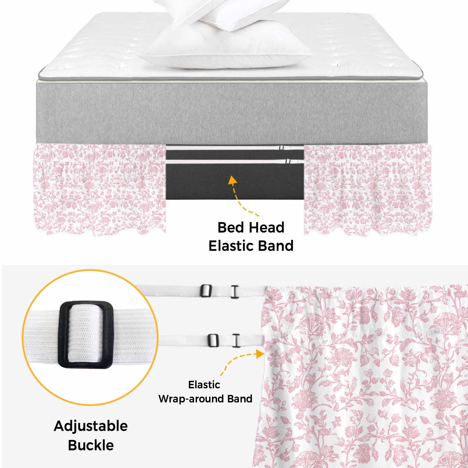 Bed Skirt Light Pink Floral Paisley Adjustable Elastic Wrap-Around Dust Ruffle with Boho Leaf Vintage Farmhouse Linen 16 Inch Drop, Bed Frame Cover for Queen Size Bed
