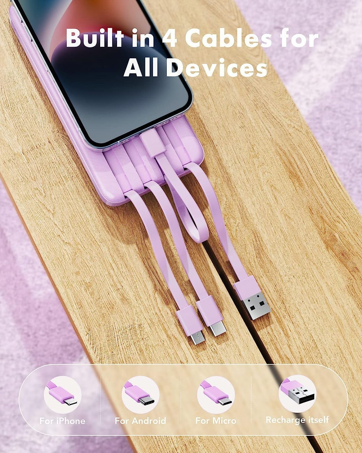 Portable Charger with Built in Cables, Portable Charger with Cords Wires Slim 10000mAh Travel Essentials Battery Pack 6 Outputs 3A High Speed Power Bank for iPhone Samsung Pixel LG Moto iPad