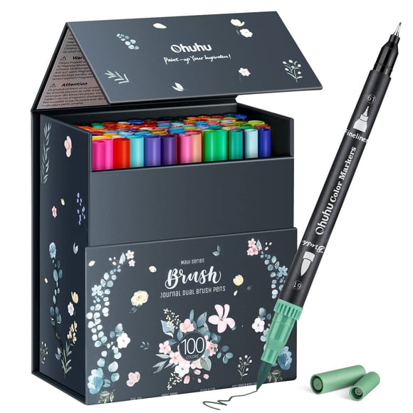 Ohuhu Marqueurs pour Livres de Coloriage pour Adultes Sans Saignement 100 Couleurs Marqueurs de Coloriage à Base d'Eau à Double Pointe Fineliner et Pinceau Dessin Pe