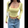 thumbnail image 1 of Top Corto de Larga con Cuello Cuadrado para Mujer, Acanalado, Ajustado, para Salir, Estilo Y2K, Informal, Básico, Camiseta Amarillo M, 1 of 7