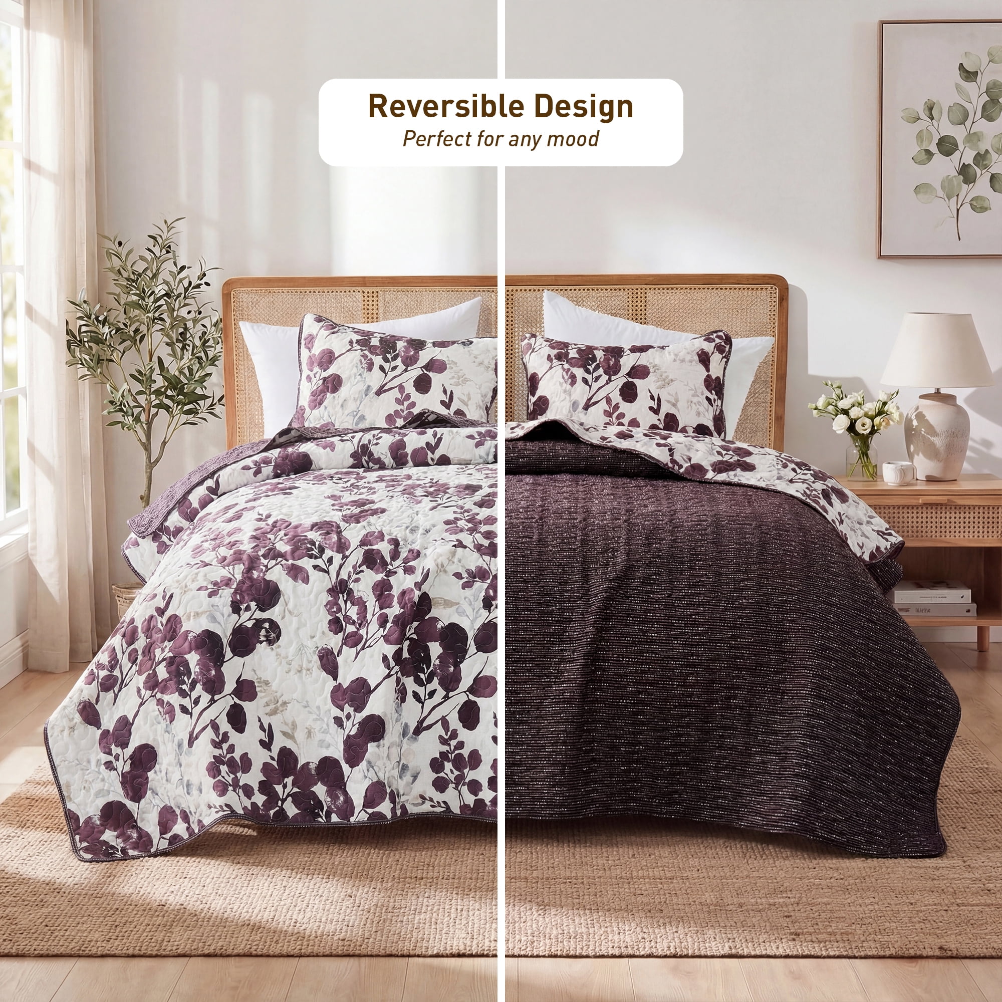 Regency Heights Full/Queen Botanical Quilt Set, 3-Piece Reversible Floral Summer Quilt Coverlet Bedding Set, Plum Quilted Bedspread with Shams for All Season