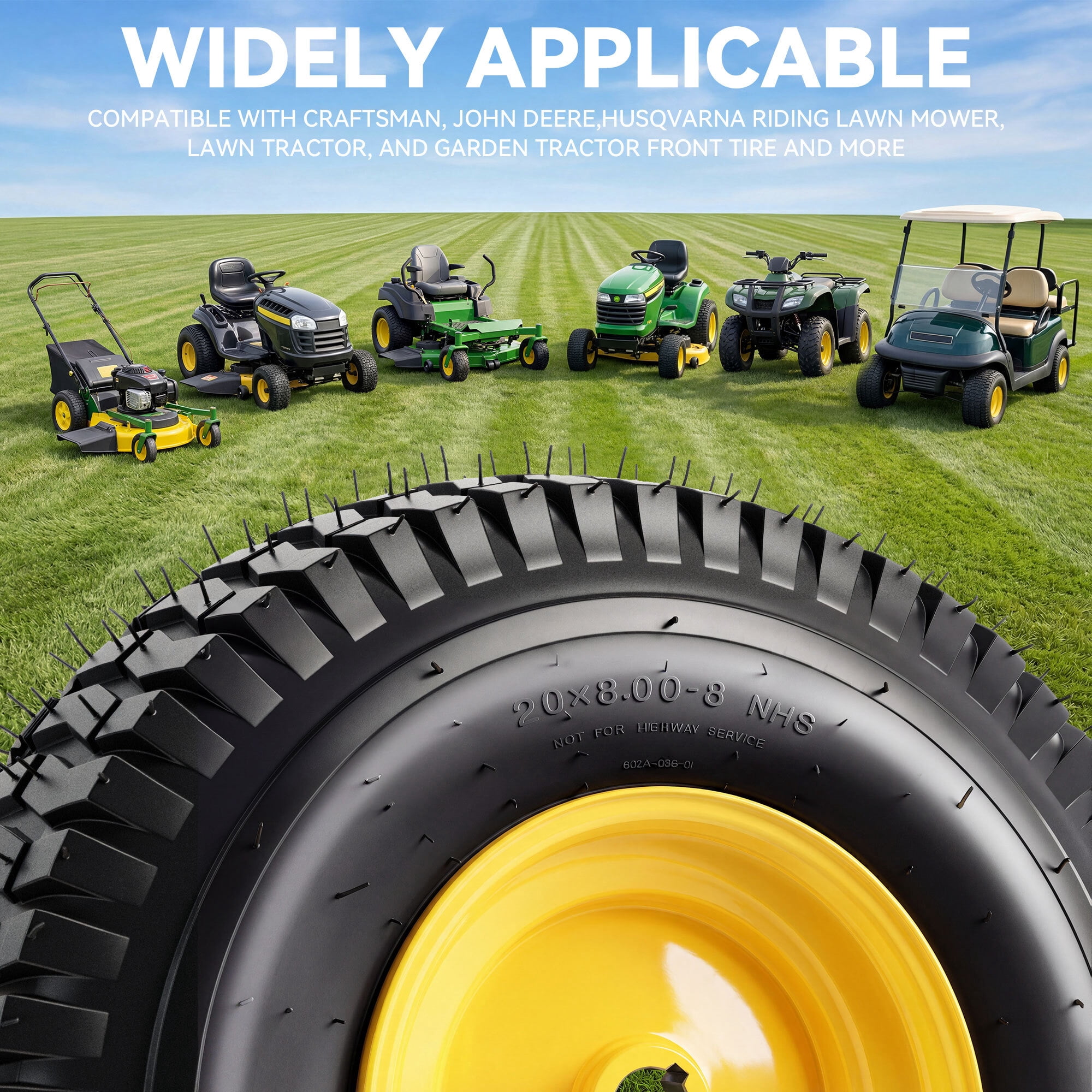 Uforic Set of 2 20x8.00-8 Lawn Mower Tire & Wheel Assembly, Heavy Duty 4 Ply Tubeless Front Replacement Tires, 3/4" Bore Hole 3/16" Keyway, 960 LBS Max Load for Riding Lawn Tractors & Garden Vehicles