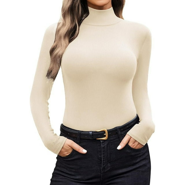 Breezora Ribbed Turtleneck Long Sleeve Layer Top Soft Thermal Base Shirt Lightweight Womens Fall Winter Essential S Size Beige