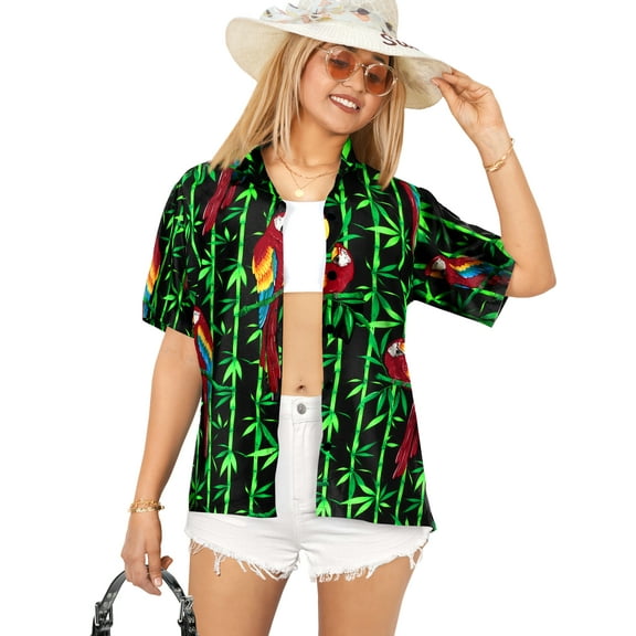 HAPPY BAY Button Down Shirt for Women Casual Summer Beach Party Blouse Shirt Colourful Blouses Button up Short Sleeve Vacation Hawaiian Shirts Tank Top Women L Parrot Leaf, Black