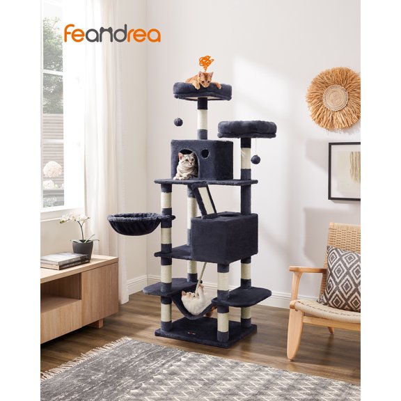 Feandrea Cat Tree, 66.1-inch Large Cat Tower with 13 Scratching Posts, 2 Perches, 2 Caves, Basket, Hammock, Pompoms, Multi-Level Plush Cat Condo for Indoor Cats, Smoky Gray