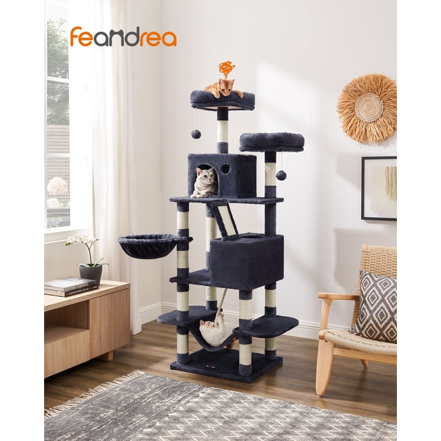 Feandrea Cat Tree, 66.1-inch Large Cat Tower with 13 Scratching Posts, 2 Perches, 2 Caves, Basket, Hammock, Pompoms, Multi-Level Plush Cat Condo for Indoor Cats, Smoky Gray