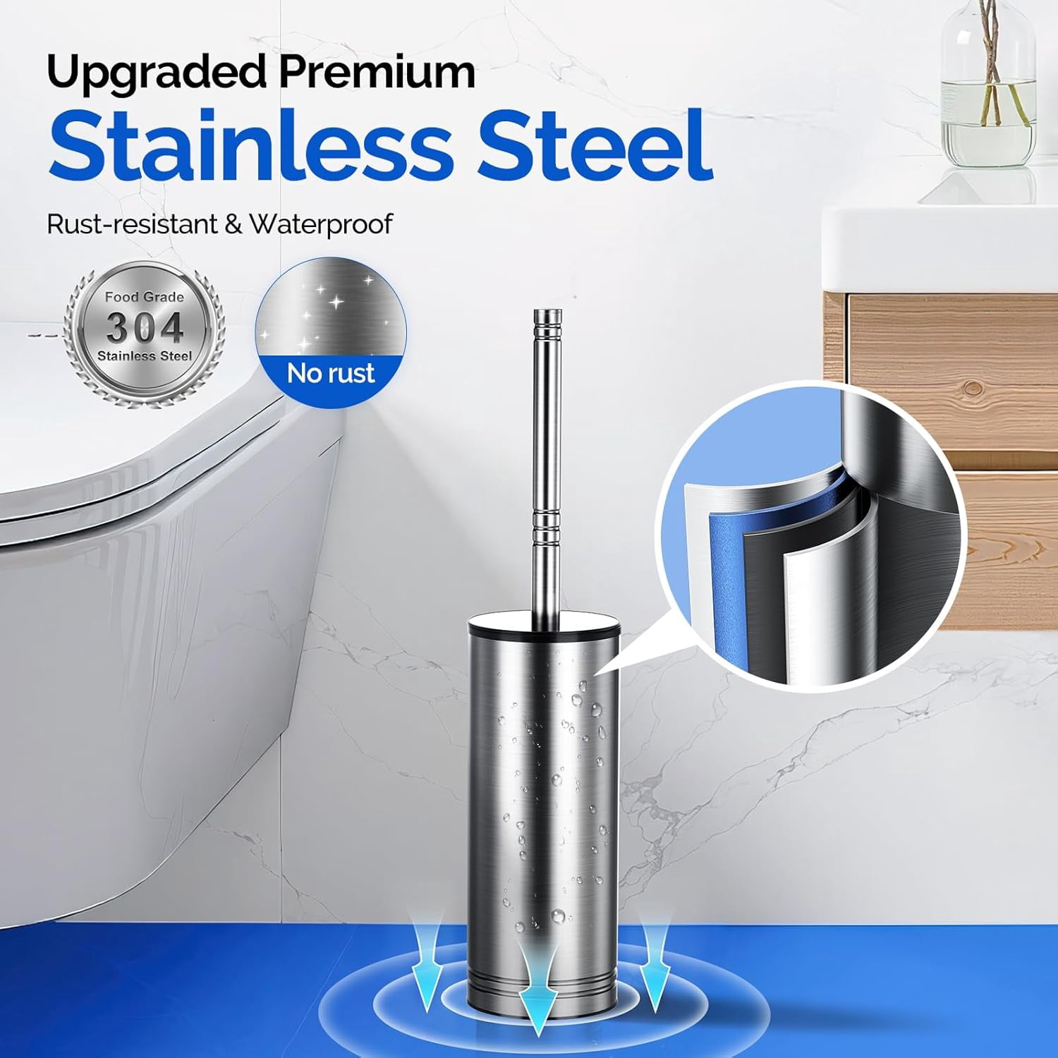 Toilet Brush and Holder Set: 304 Stainless Steel Heavy Duty Bowl Cleaner Brush - Deep Cleaning Under Rim Curved Bristle - Space Saving Wall-Mounted for Home RV Bathroom Accessories Silver