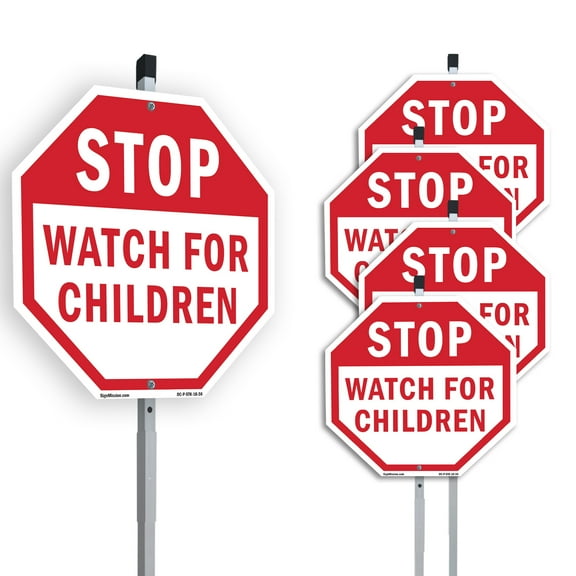 Stop Watch For Children (5 Pack) 10 inch X 10 inch Octagon Aluminum Metal Signs with Aluminum Mounting Stakes Weather Resistant UV Protected for Workplace Private Property and