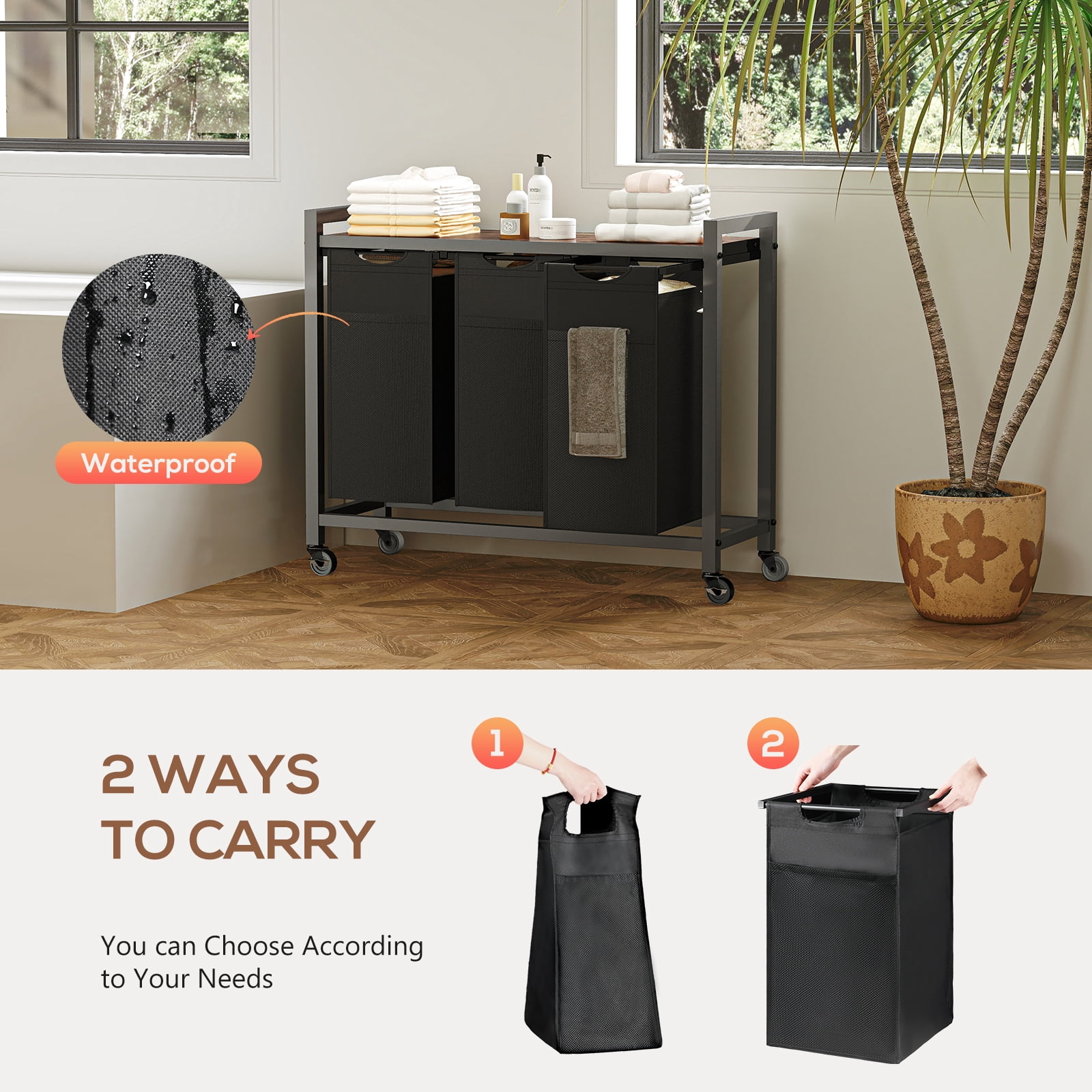GIANNA Laundry Hamper, Laundry Basket with 3 Removable Bags, Laundry Sorter with Shelf, Metal Frame, 36.4 x 13 x 28.4 Inches, Rustic Brown and Black, 38L x 3(114L)