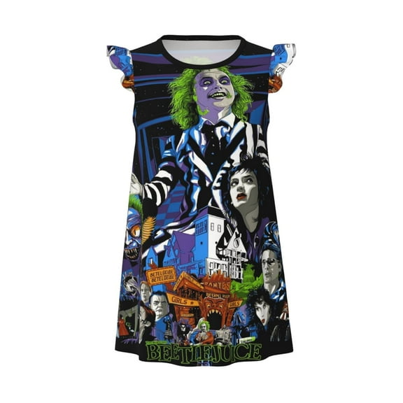 Beetlejuice Little Girls Nightgowns Print Flutter Sleeve Casual Pajamas Dress Soft Cute Toddler Kids Sleepwear 2-8 Years