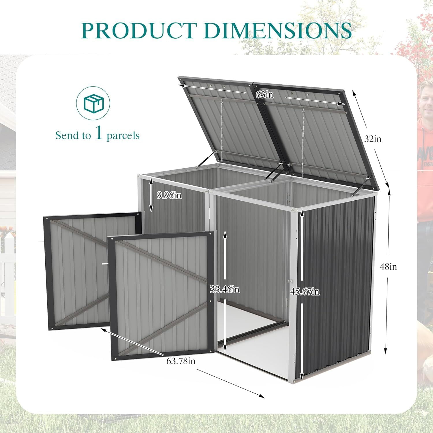 Montary 54 CU.FT Metal Outdoor Garbage Bin Storage Shed with Chain Lid, Waterproof Trash Can Organizer for 2 Bins, Garden Tools for Garden Yard Lawn, Dark Grey