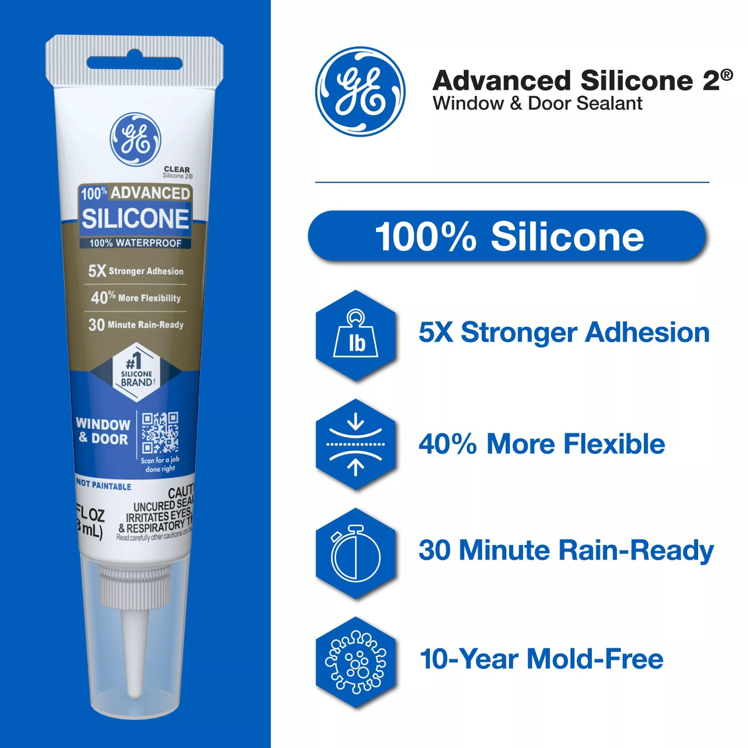 GE Advanced Silicone Window & Door Sealant, Pack of 1, Clear 2.8 fl oz Tube