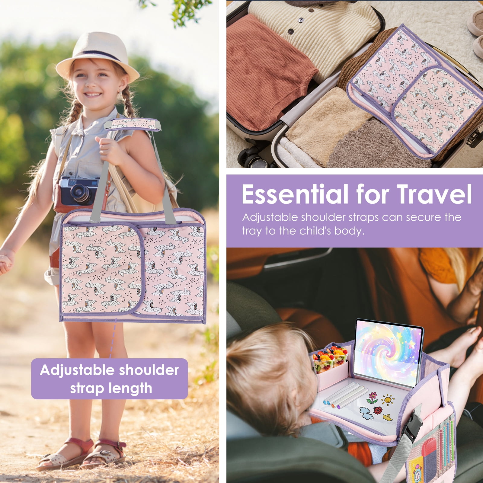 Carseat Table Tray for Kids Polyester Made Portable Drawing Board with Padded Shoulder Strap for Road Trip Activities