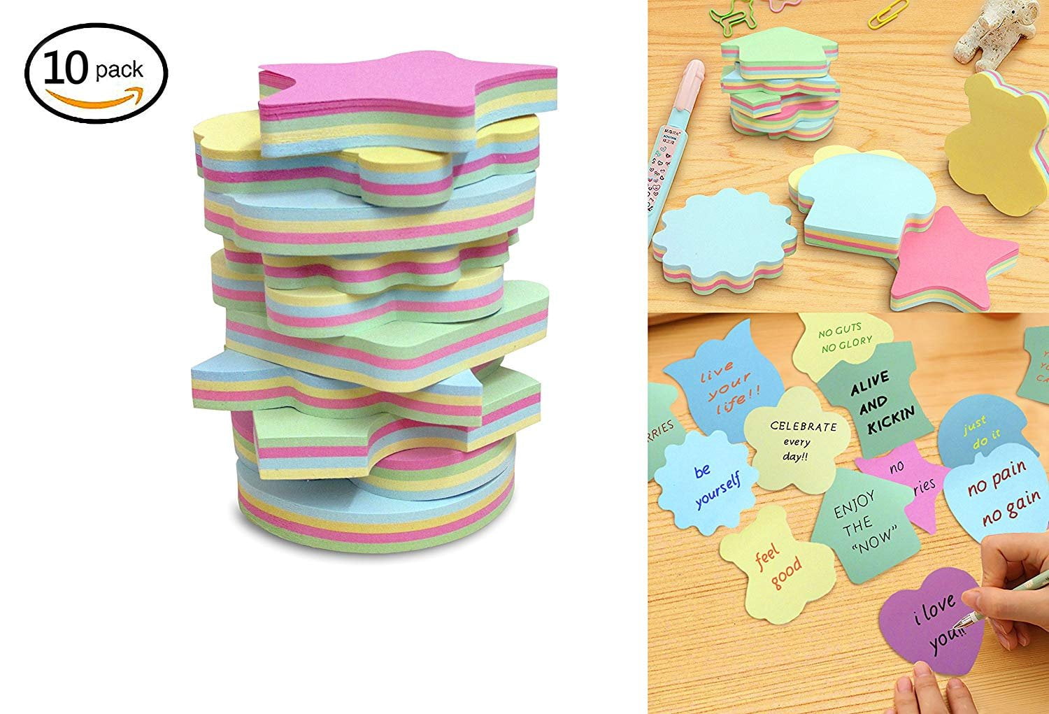 Colorful Sticky Notes In 10 Different Shapes, Bundle Pack 10 Pads 100 Sheets Per Pads (1000