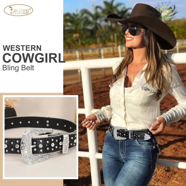 Rhinestone Studded Belt for Men Women, Western Leather Belt 