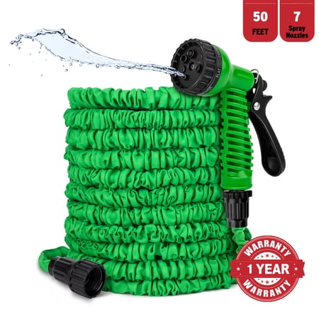 100ft expandable flexible garden water hose, 7 spray nozzle, nylon, outdoor (green)
