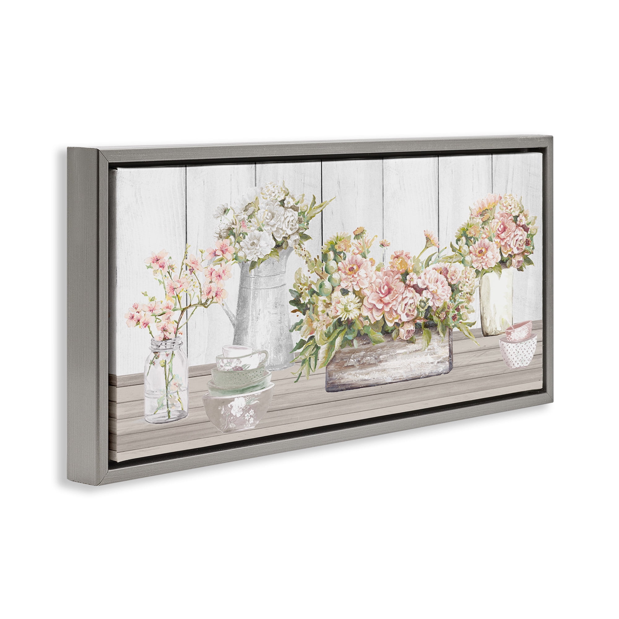 Stupell Industries Farm Table Bouquet Still Life Food & Beverage Painting Gray Floater Framed Canvas Art Print Wall Art, 31 x 14