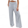 thumbnail image 3 of Women's Beach Vacation Pants Seaside Solid Comfy Casual Pocket Regular Long Pants Cotton Linen Trousers, 3 of 6