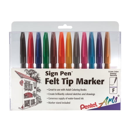 Pentel Arts Sign Pen Fiber-Tipped Pen, Assorted Ink 12-Pk Box