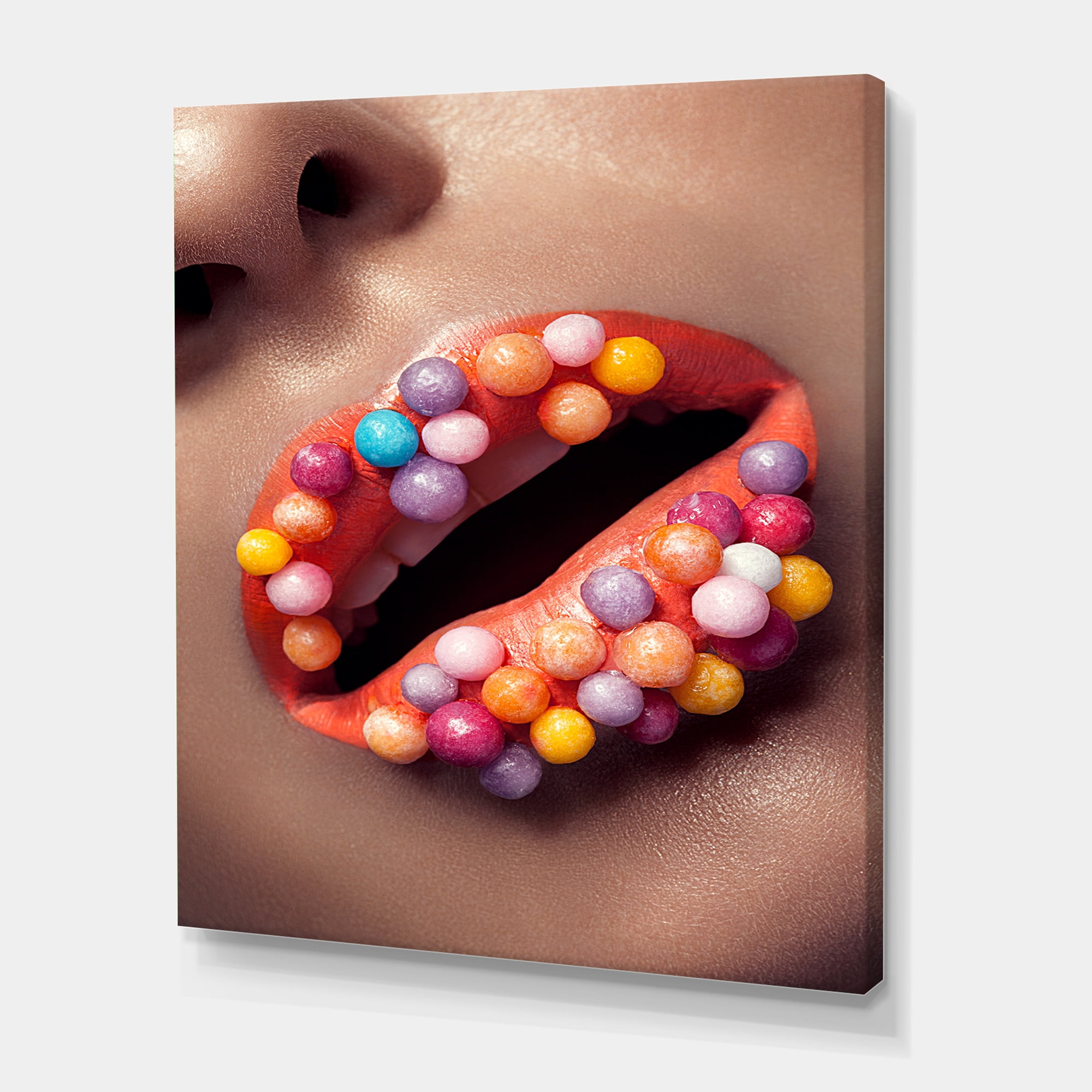 Designart ' Close Up of Creative Make Up On Woman Lips With Lolipops ' Modern Canvas Wall Art Print