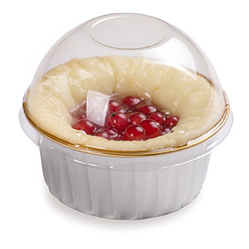 Premium 4.2-OZ Baking Cups with Lids - Round Foil Baking Cups & Lids Perfect for Fancy Desserts or Mini Snacks - Silver with Gold Liner Cup & Clear Lid - Oven & Freezer Safe - Recyclable - 100-CT