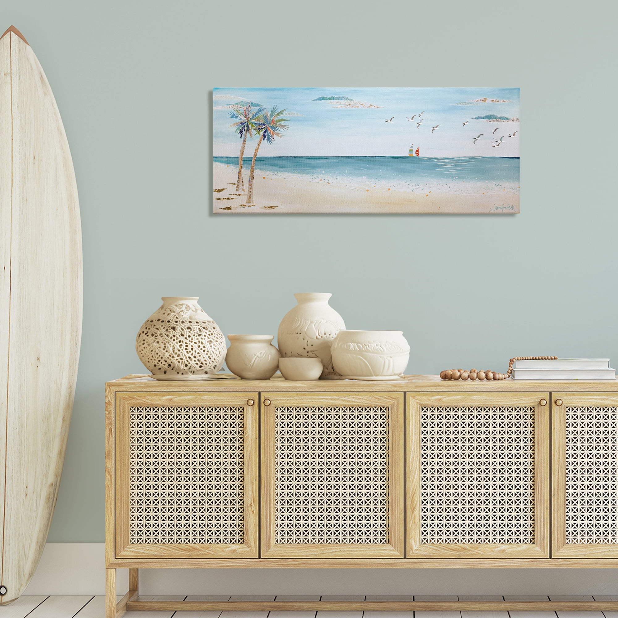 Stupell Industries Seagulls & Palm Beach Landscape Painting Gallery Wrapped Canvas Art Print Wall Art, 48 x 20