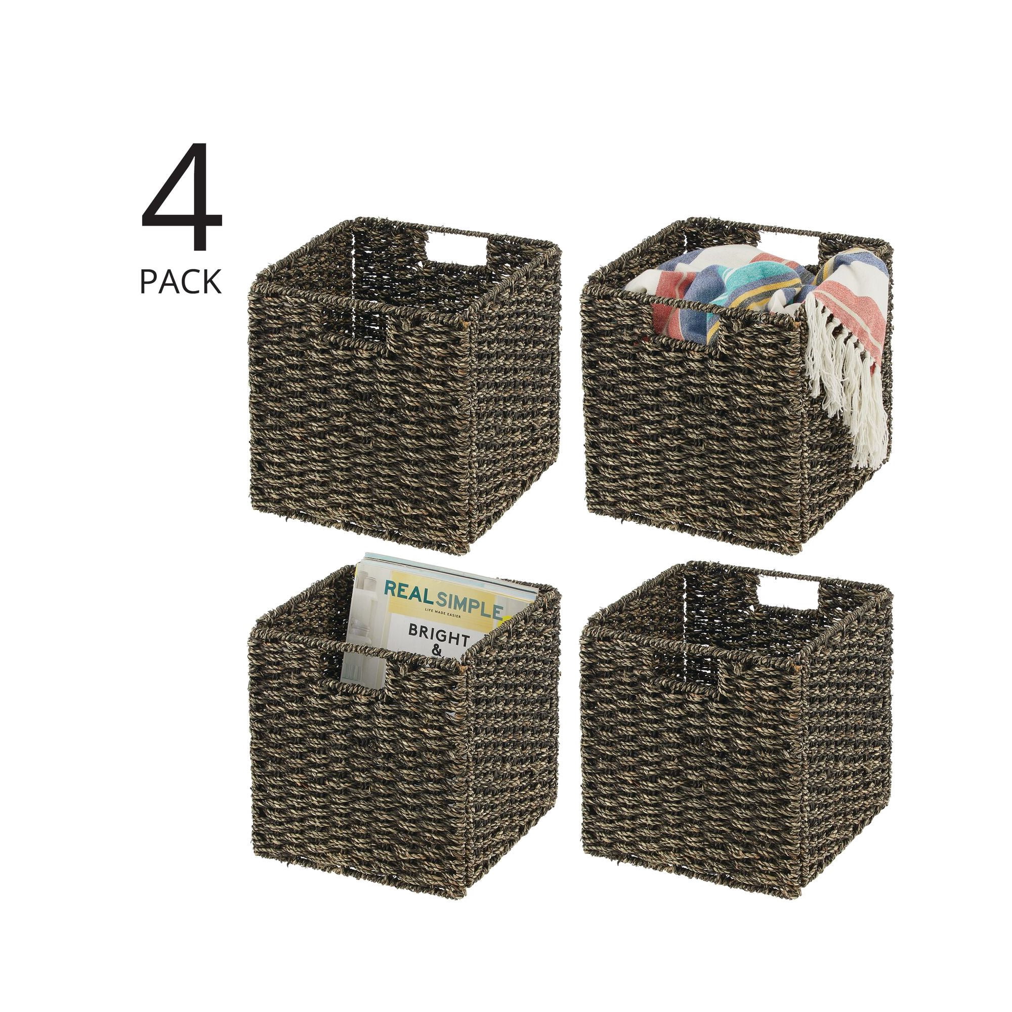 Seagrass Woven Cube Bin Basket Organizer with Handles for Bedroom, Home Office, Bathroom, Shelf and Cubby Organization