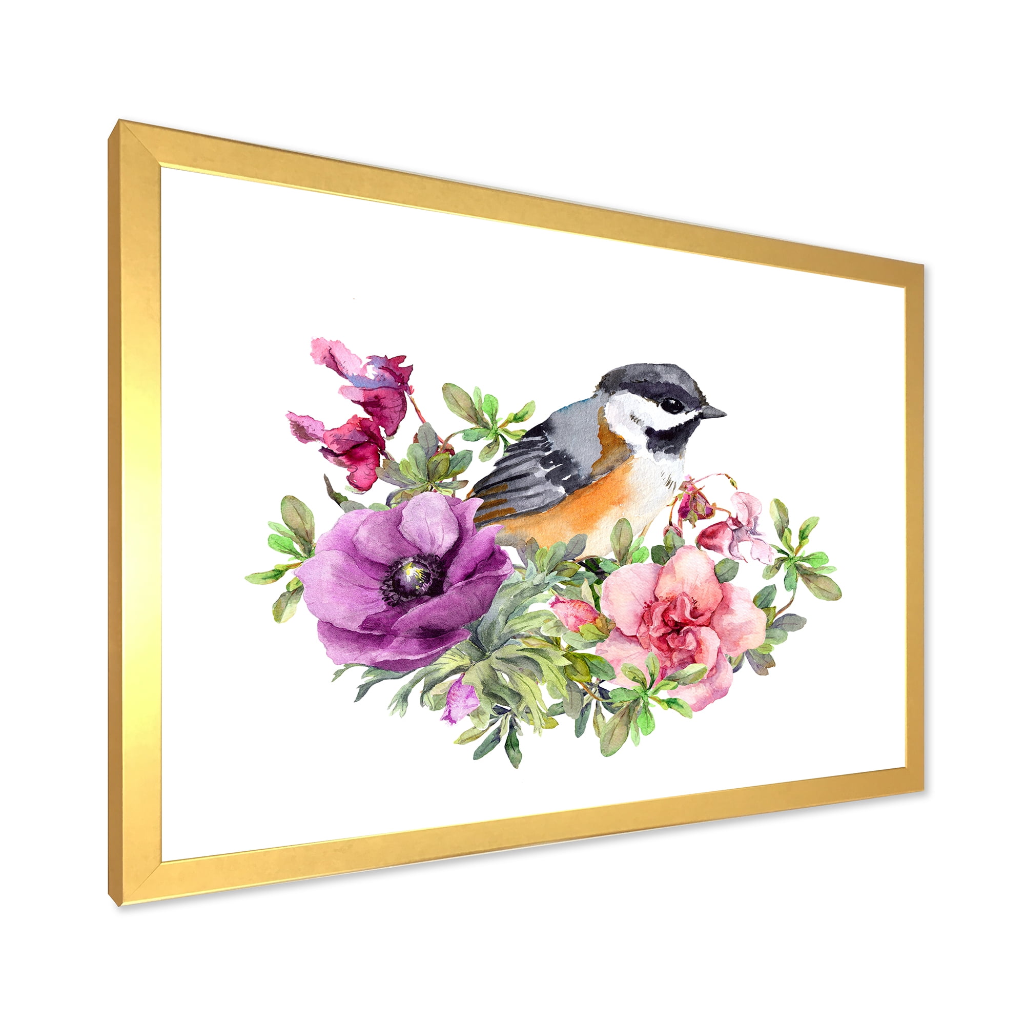 Designart 'Cute Bird In Purple and Pink Flowers' Traditional Framed Art Print