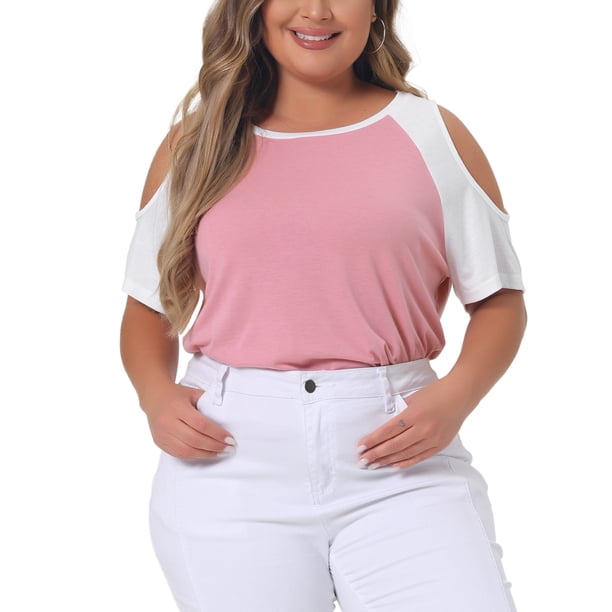 Blusa de verano de manga corta con contraste para mujer de tallas grandes Agnes Orinda 4X rosa