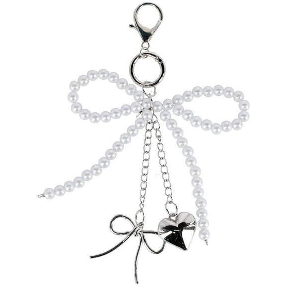 CTM  Silver and Pearl Bow Heart Bag Charm/Key Chain (Women)
