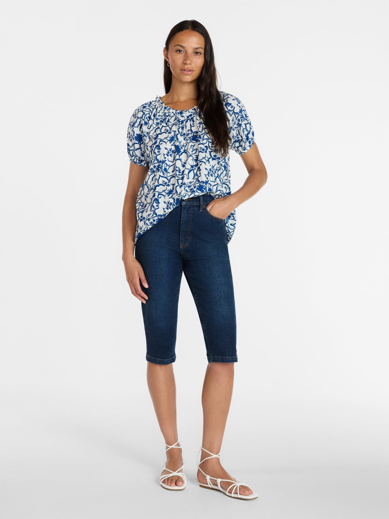 Time and Tru Women's Ruffle Neck Cotton Top with Short Puff Sleeves, Sizes XS-XXXL