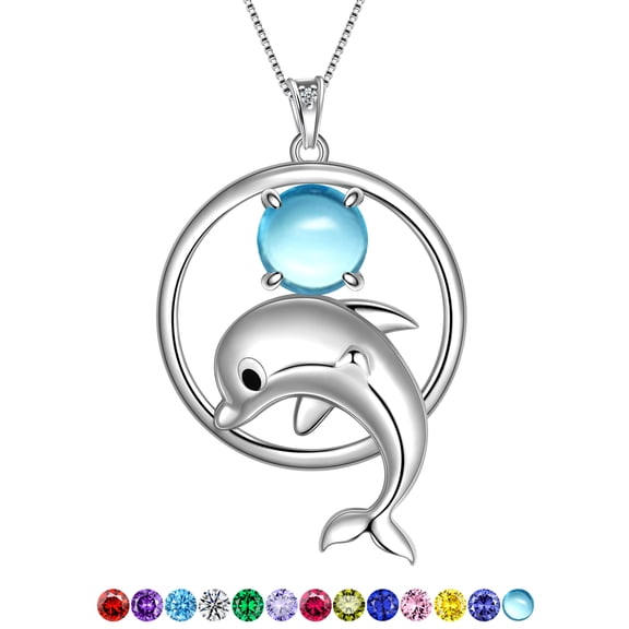 Juwaliy 925 Sterling Silver Cute Dolphin Necklace Sea Animal Pendant Blue Crystal Moonstone Jewelry Christmas Birthday Gifts for Women