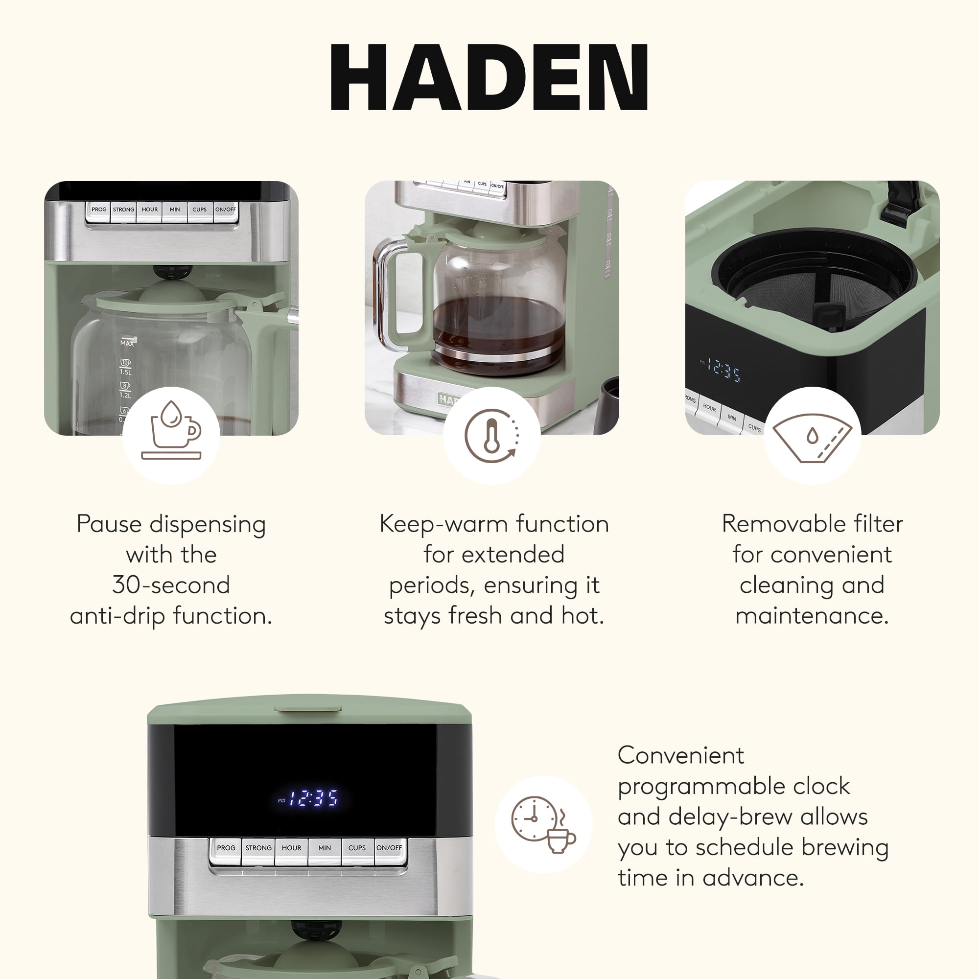 Haden Programmable Drip Coffee Maker, 12 Cup Cafe Machine, Green/Chrome
