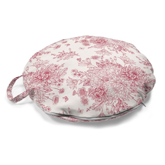 Vintage Botany Round Floor Cushion with Handle, English Garden Art of Endemic Flowers and Butterflies, Decorative Pillow for Living Room & Dorms, 18" Round, Pale Rose Pale Ruby, by Ambesonne