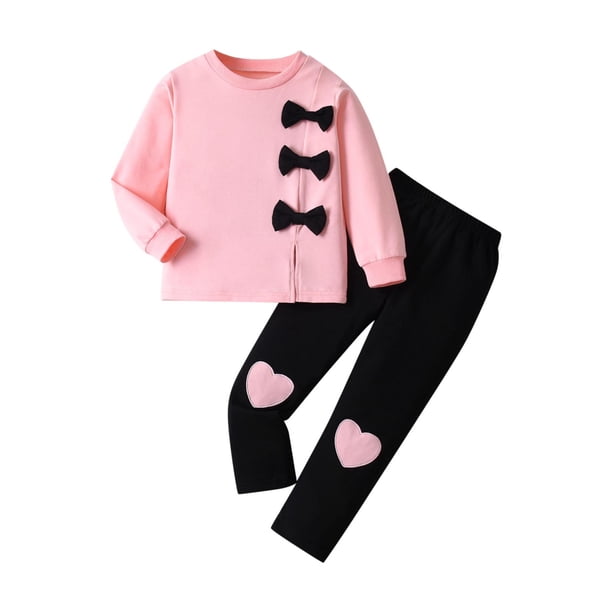 Odeerbi 3-8 Años Niñas Día de San Valentín Lazo Algodón Manga Larga Tops Amor Pantalones de Impresión Conjunto de Dos Piezas