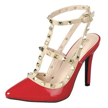 Forever Shoes Women Stiletto High Heels Pointy Toe Studded Pumps Ankle Strap Two Tone Biege Gold Accent STUDS-03 Red 8.5