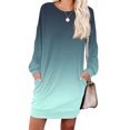 thumbnail image 3 of Women's Casual Dress Long Sleeve Round Neck Gradient Color Print with Pocket Loose Fit Midi Dress for Spring Fall,Cyan,M, 3 of 6
