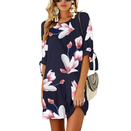 Dolman Sleeve Mini Dress - Womens Floral 3/4 Sleeve Summer Beach Sundress Casual O Neck Short Mini Dress
