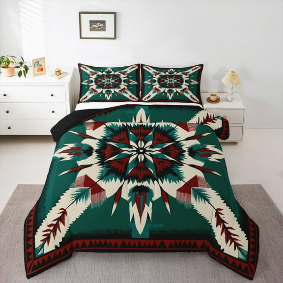 Manfei Teens Female Men Abstract Feather 2pcs Bedding Comforter Set,Bohemian Aztec Twin Comforter Sets,Tribal Theme Breathable Bedding Set,Ultra Soft Home Decor,Reversible