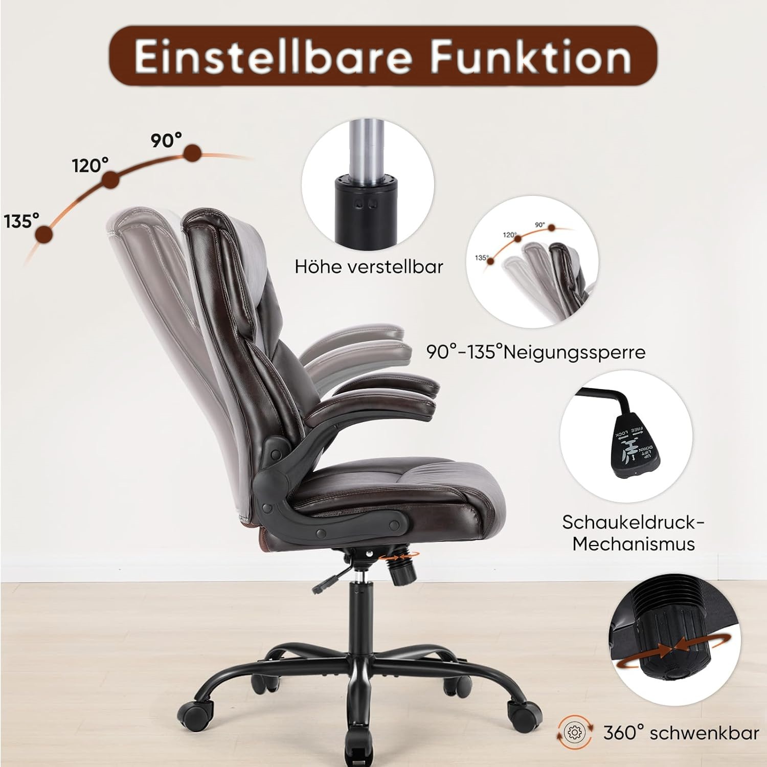 Ergonomic Office Chair, High Back Executive Desk Chair with Lumbar Support, Adjustable PU Leather Computer Chair with Flip-up Arms, Swivel Rolling Wheels Chair for Home and Office Use