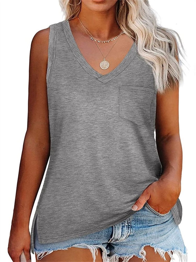 Langwyqu Summer V-Neck Sleeveless Solid Color Plus Size Women Tank Tops ...