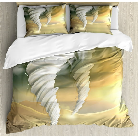 Tornado Duvet Cover Set Queen Size, Abstract Hurricane Swirls with Sun Clouds on Desert Landscape, Decorative 3 Piece Bedding Set with 2 Pillow Shams, Pale Sage Green Beige Yellow, by Ambesonne